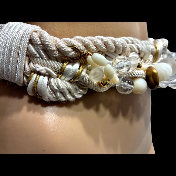 Vintage 80s Ivory Braided Rope Beaded Belt | Gold & Clear Statement Waist Cinch main image 9